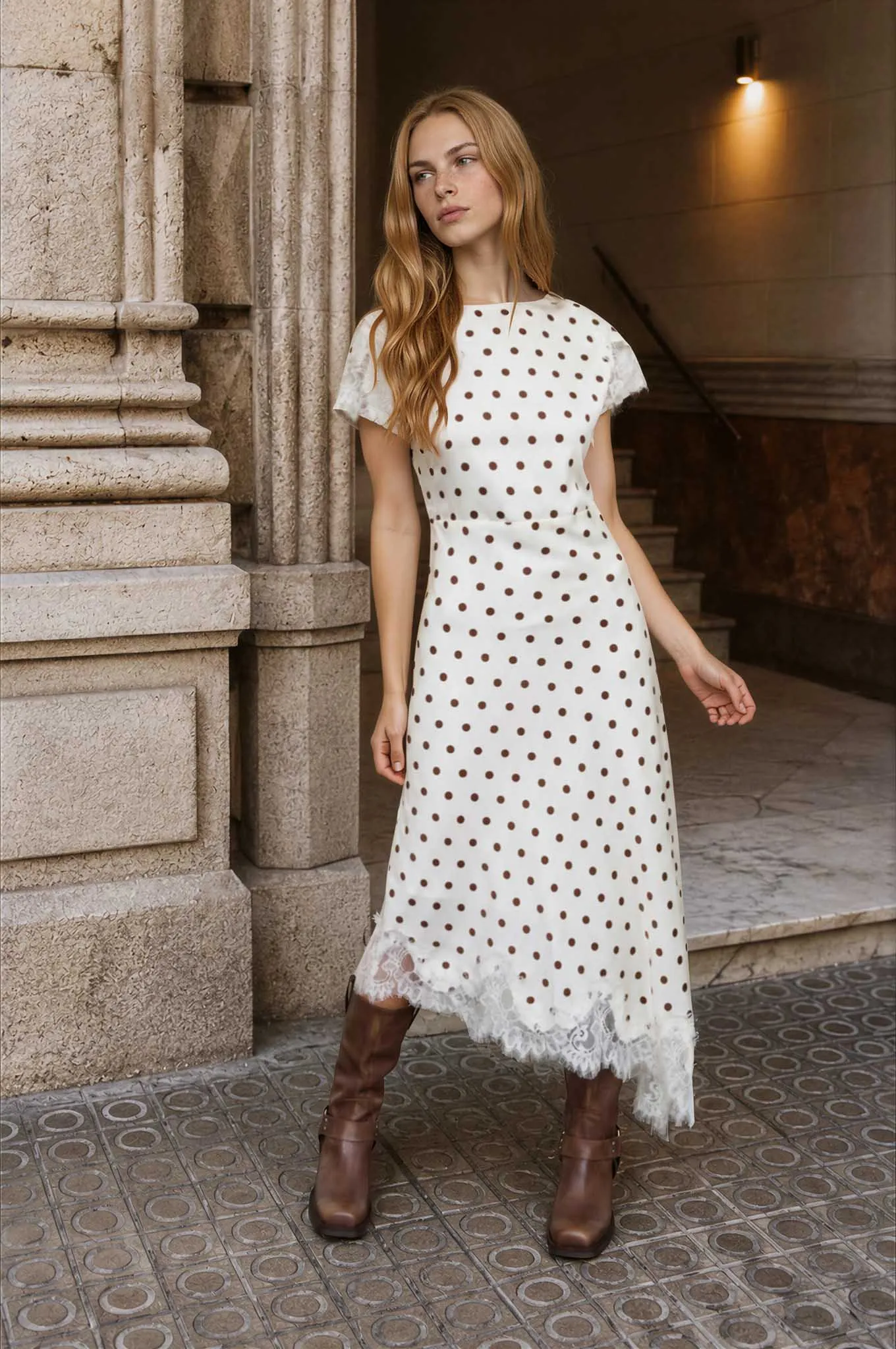 POLKA DOT LACE TRIM SHORT SLEEVE MIDI DRESS (PRE-ORDER) sold by Blu Pepper product image thumbnail 4