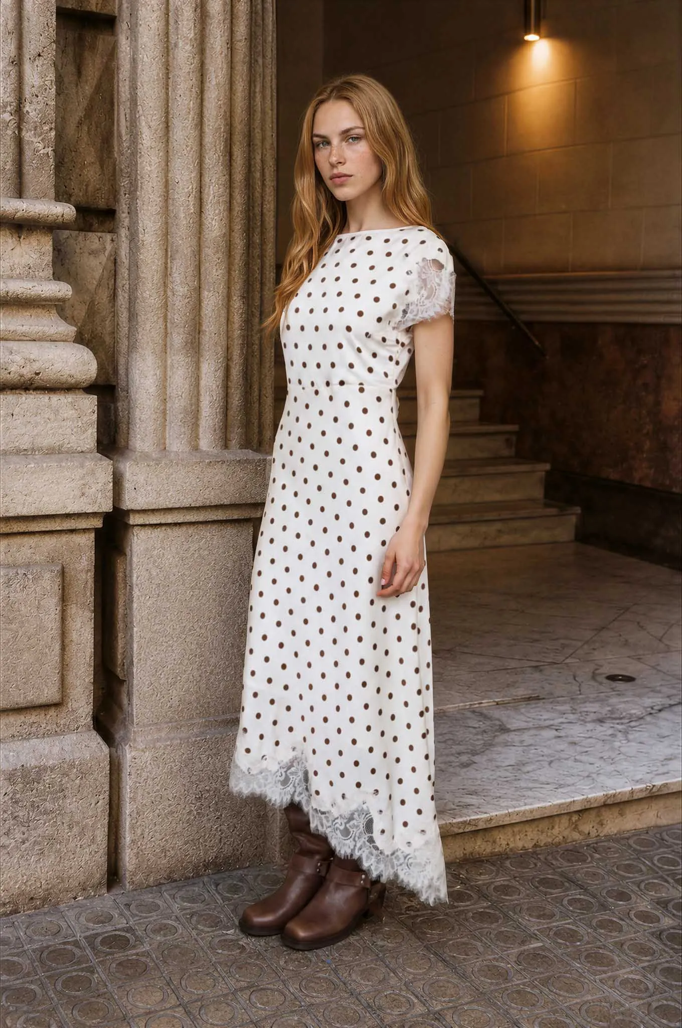 POLKA DOT LACE TRIM SHORT SLEEVE MIDI DRESS (PRE-ORDER) sold by Blu Pepper product image thumbnail 3