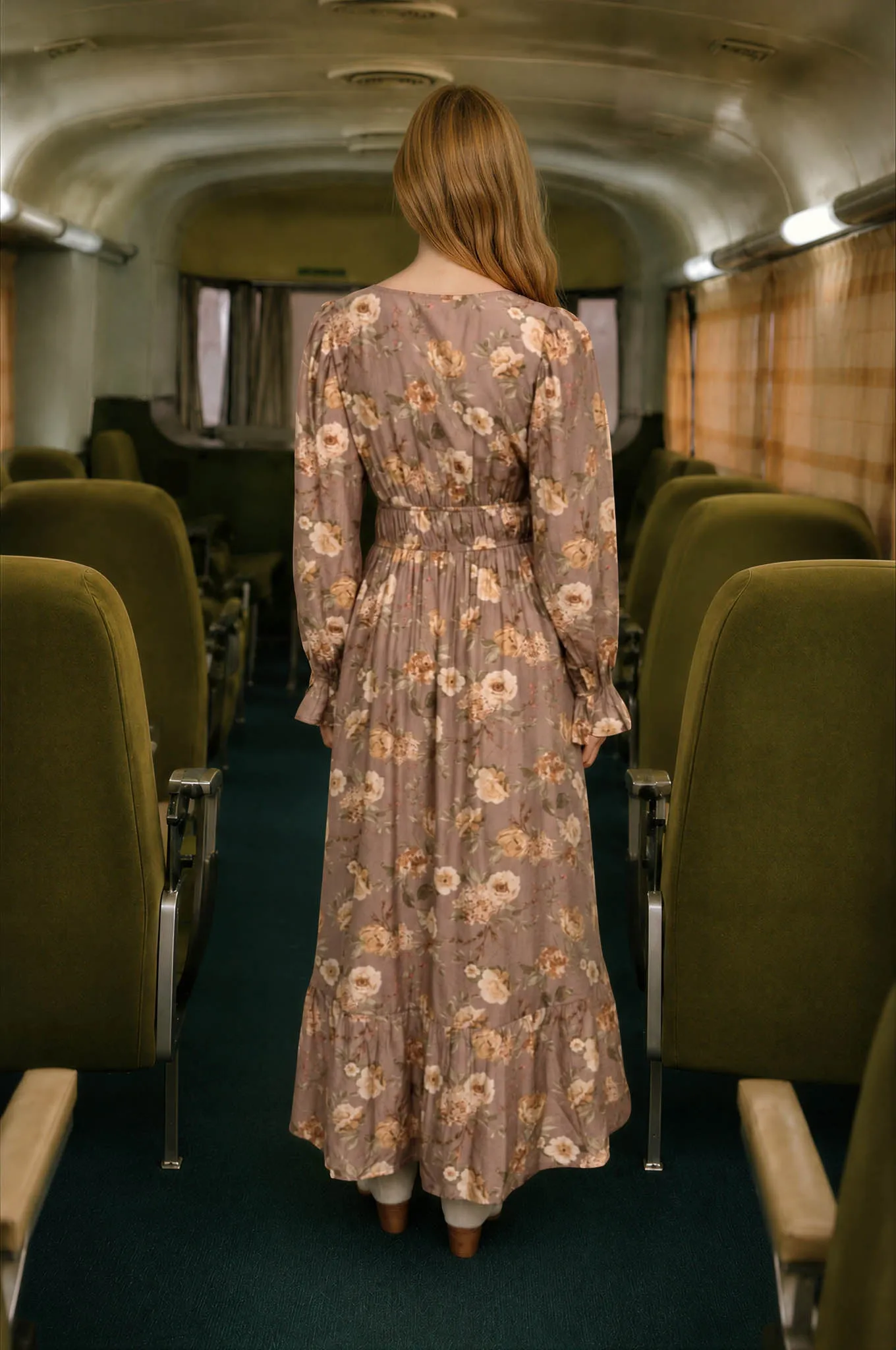 FLORAL V NECK LONG SLEEVE RUFFLE TRIM MIDI DRESS sold by Blu Pepper product image thumbnail 2