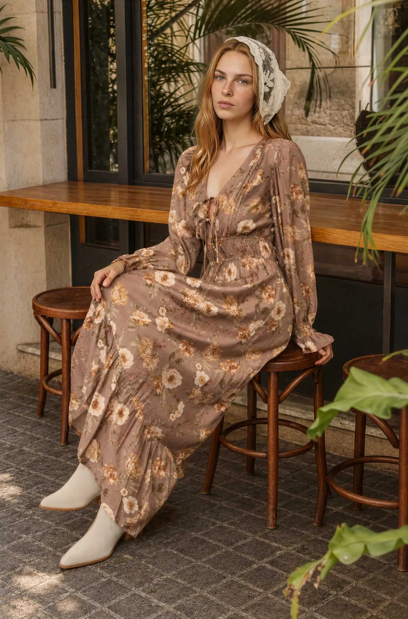 FLORAL V NECK LONG SLEEVE RUFFLE TRIM MIDI DRESS sold by Blu Pepper product image thumbnail 3