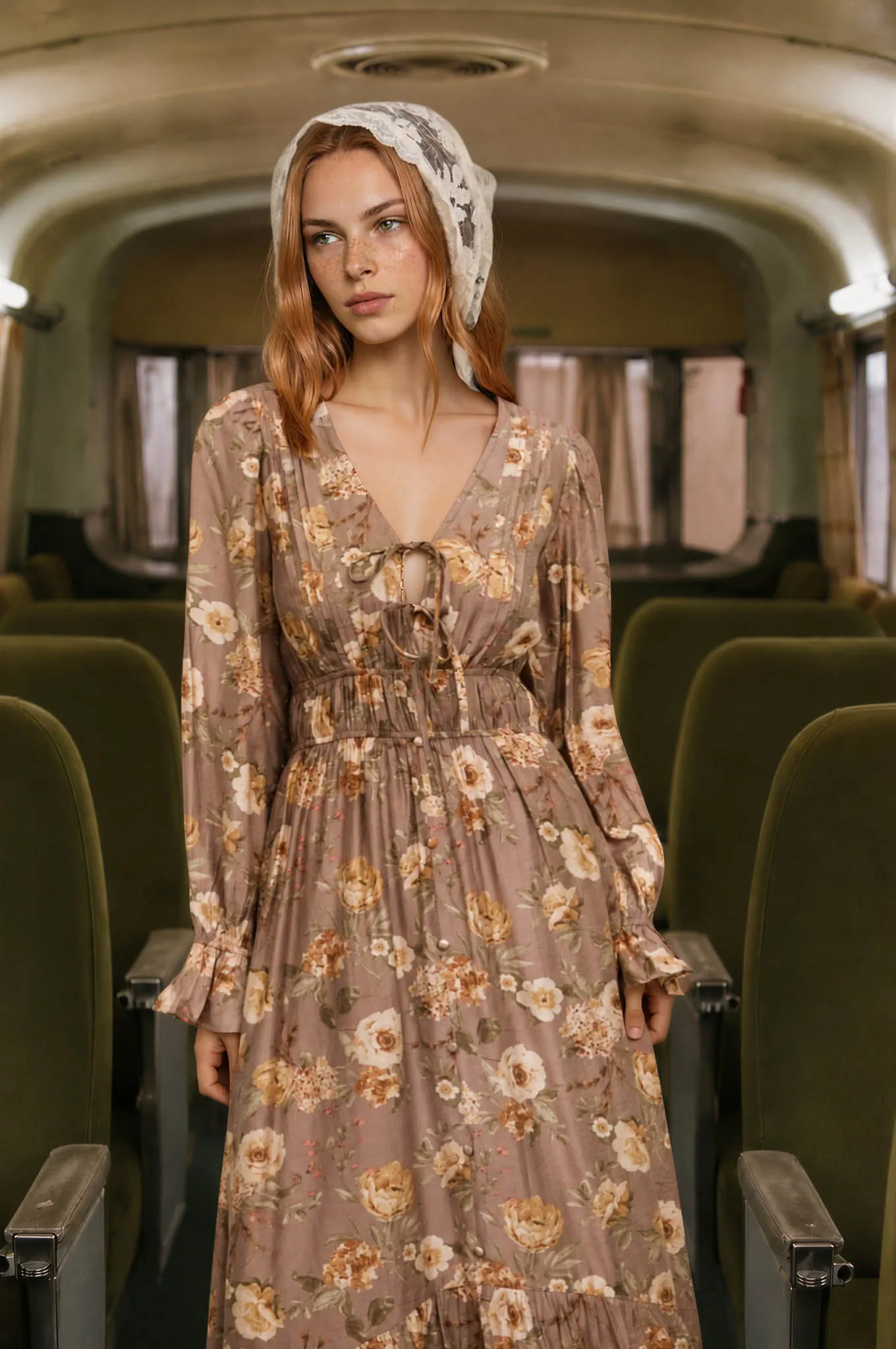 FLORAL V NECK LONG SLEEVE RUFFLE TRIM MIDI DRESS sold by Blu Pepper product image thumbnail 4