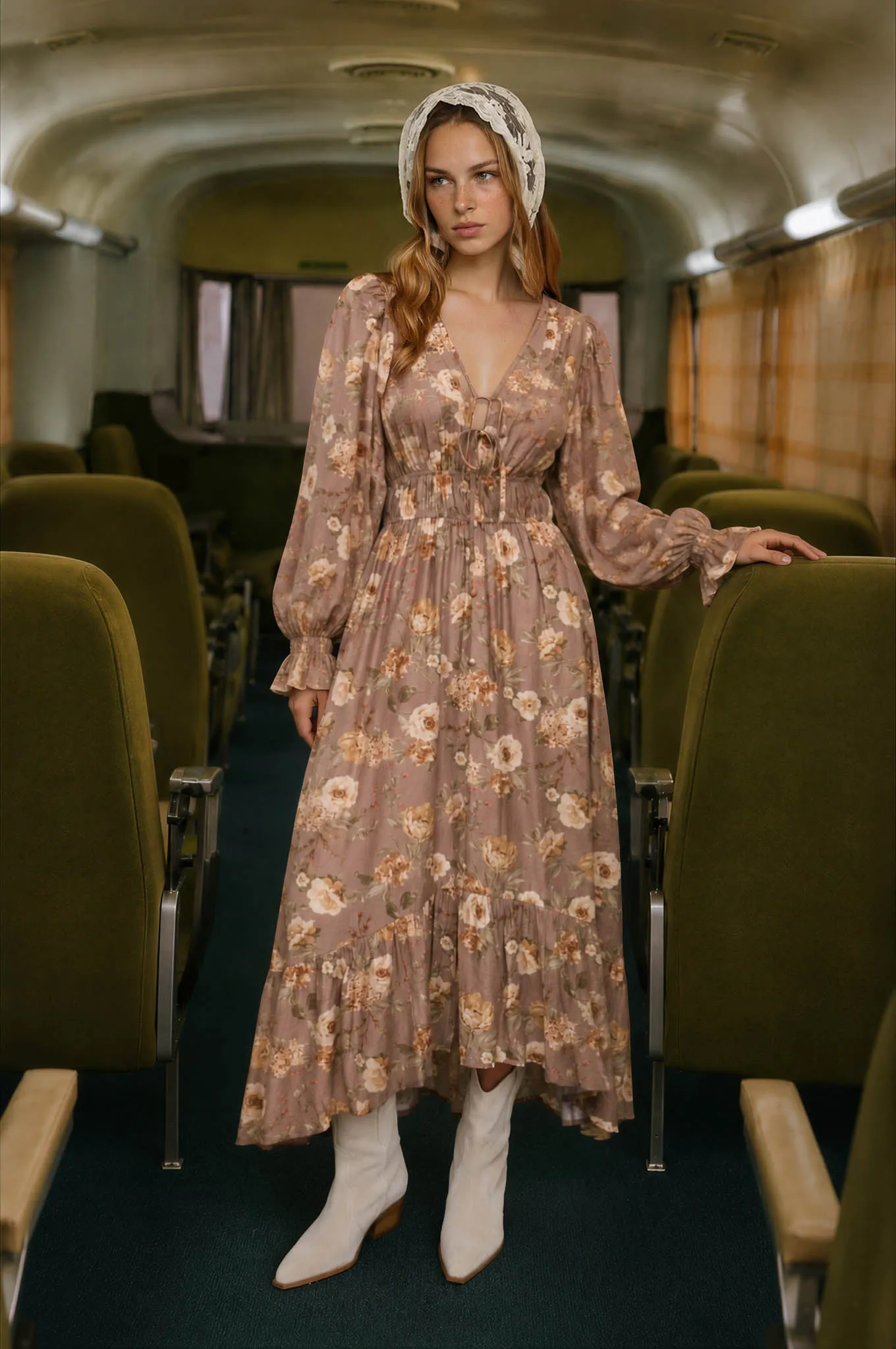 FLORAL V NECK LONG SLEEVE RUFFLE TRIM MIDI DRESS sold by Blu Pepper product image thumbnail 5