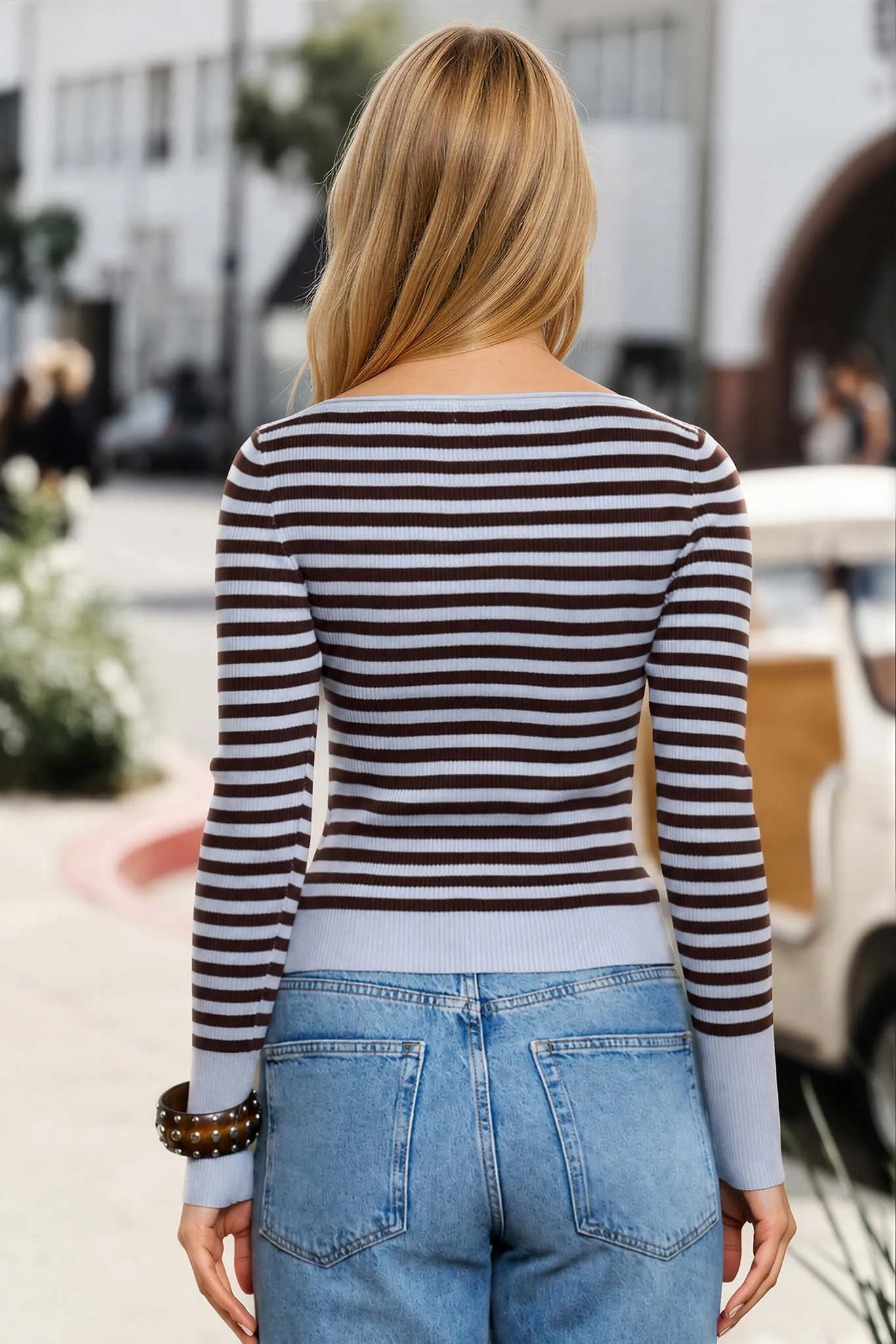 BOAT NECK STRIPE RIBBED LONG SLEEVE SWEATER TOP sold by Blu Pepper product image thumbnail 2