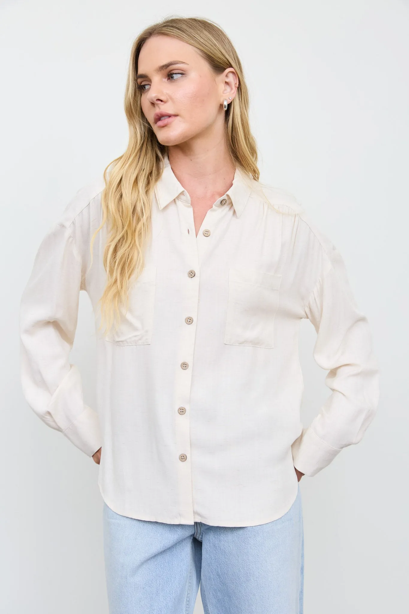 RELAXED COLLARED RUCHED SHOULDER BUTTON DOWN SHIRT sold by Blu Pepper product image thumbnail 5