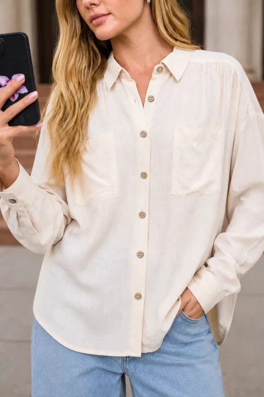 RELAXED COLLARED RUCHED SHOULDER BUTTON DOWN SHIRT made by mine