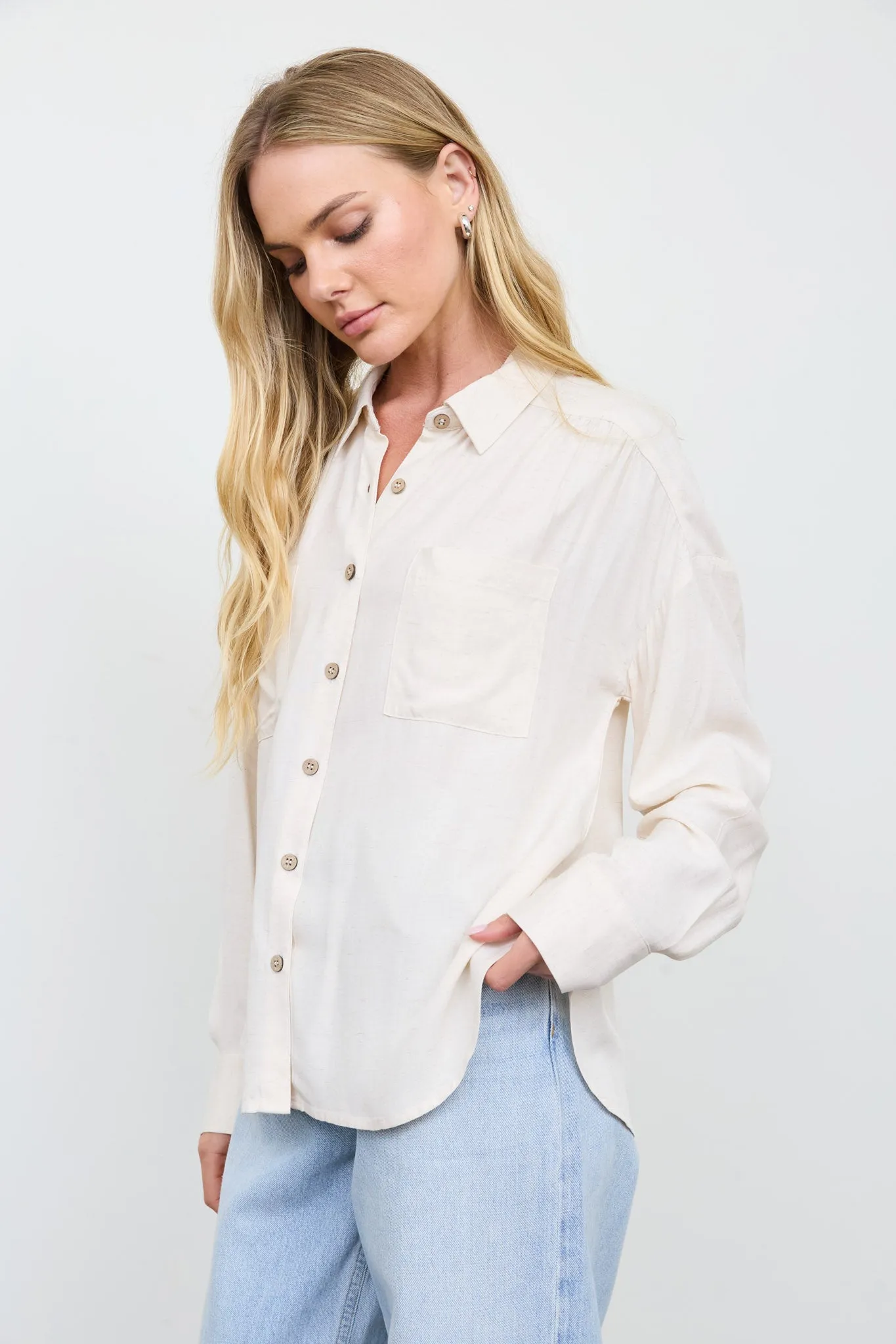 RELAXED COLLARED RUCHED SHOULDER BUTTON DOWN SHIRT sold by Blu Pepper product image thumbnail 4