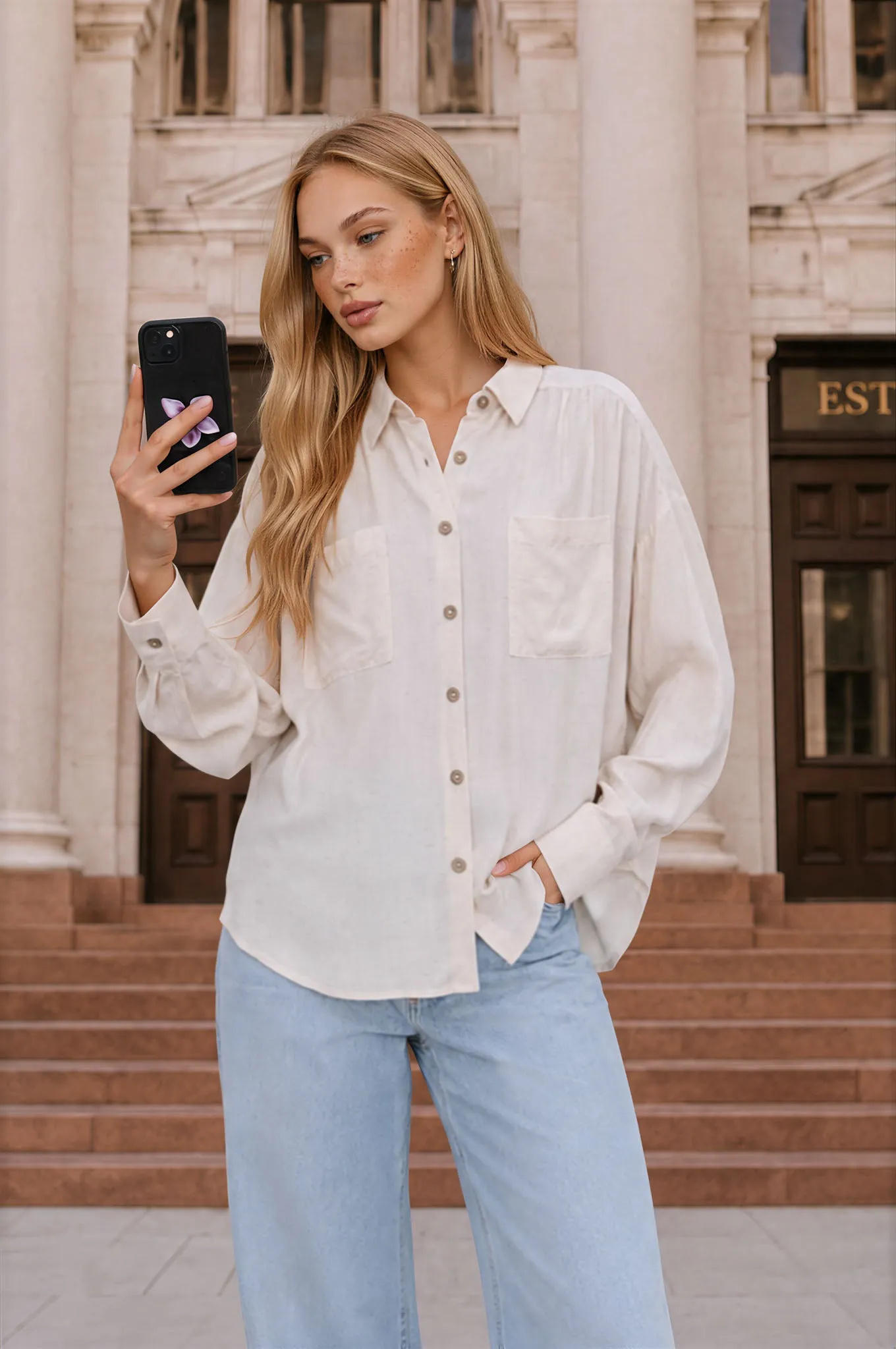 RELAXED COLLARED RUCHED SHOULDER BUTTON DOWN SHIRT sold by Blu Pepper product image thumbnail 3