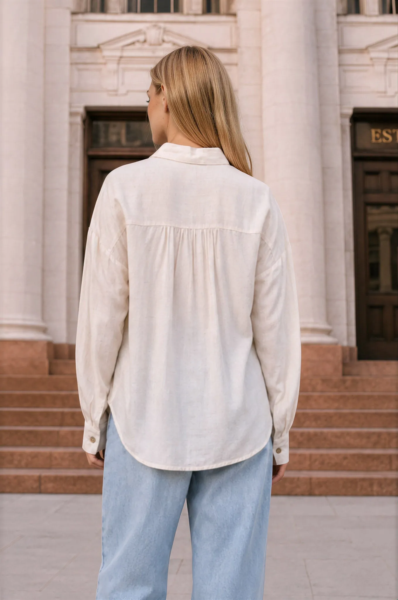 RELAXED COLLARED RUCHED SHOULDER BUTTON DOWN SHIRT sold by Blu Pepper product image thumbnail 2