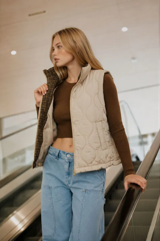 PLAID COLLAR QUILTED ZIP-UP VEST (PRE-ORDER) made by mine