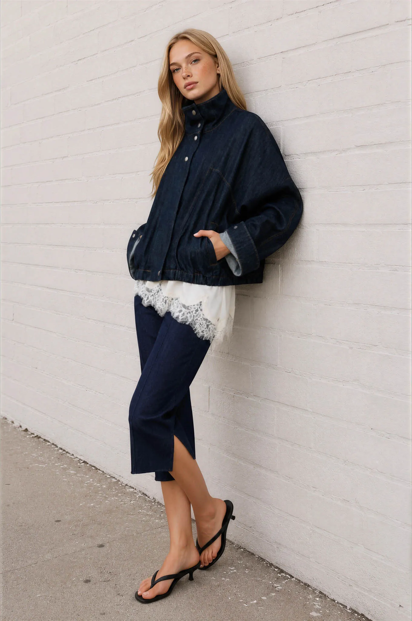 FLAP COLLAR BOXY BOMBER DENIM JACKET (PRE-ORDER) sold by Blu Pepper product image thumbnail 3