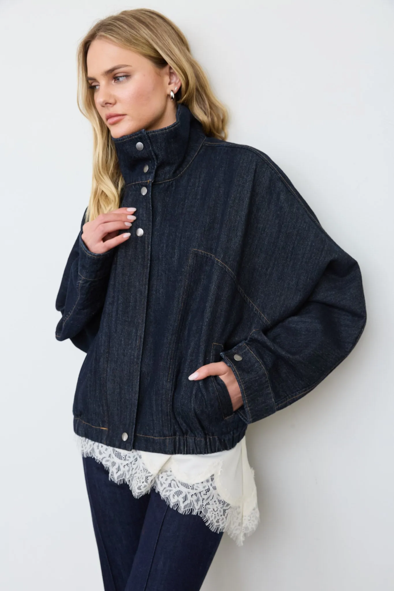 FLAP COLLAR BOXY BOMBER DENIM JACKET (PRE-ORDER) sold by Blu Pepper product image thumbnail 5