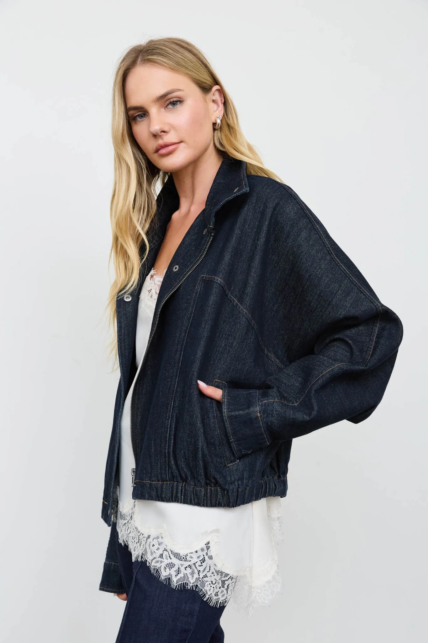 FLAP COLLAR BOXY BOMBER DENIM JACKET (PRE-ORDER) sold by Blu Pepper product image thumbnail 4