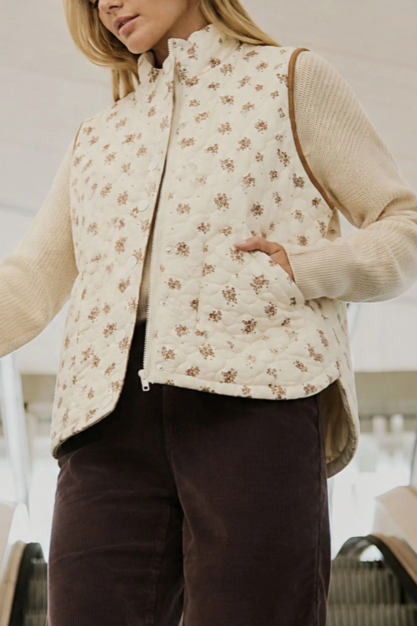 FLORAL QUILTED ZIP-FRONT MOCK NECK VEST (PRE-ORDER) sold by Blu Pepper