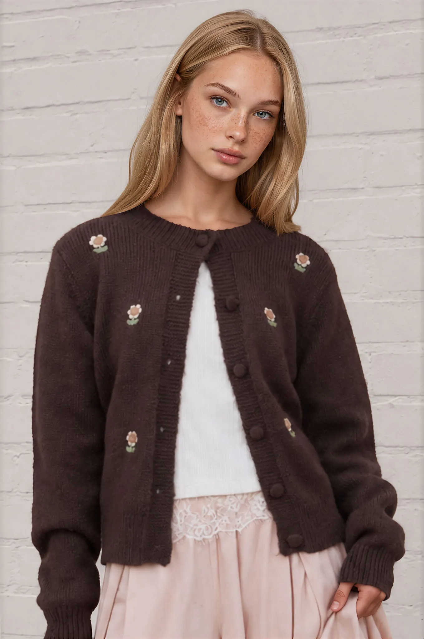 EMBROIDERED FLORAL BUTTON COVER DETAIL CARDIGAN sold by Blu Pepper