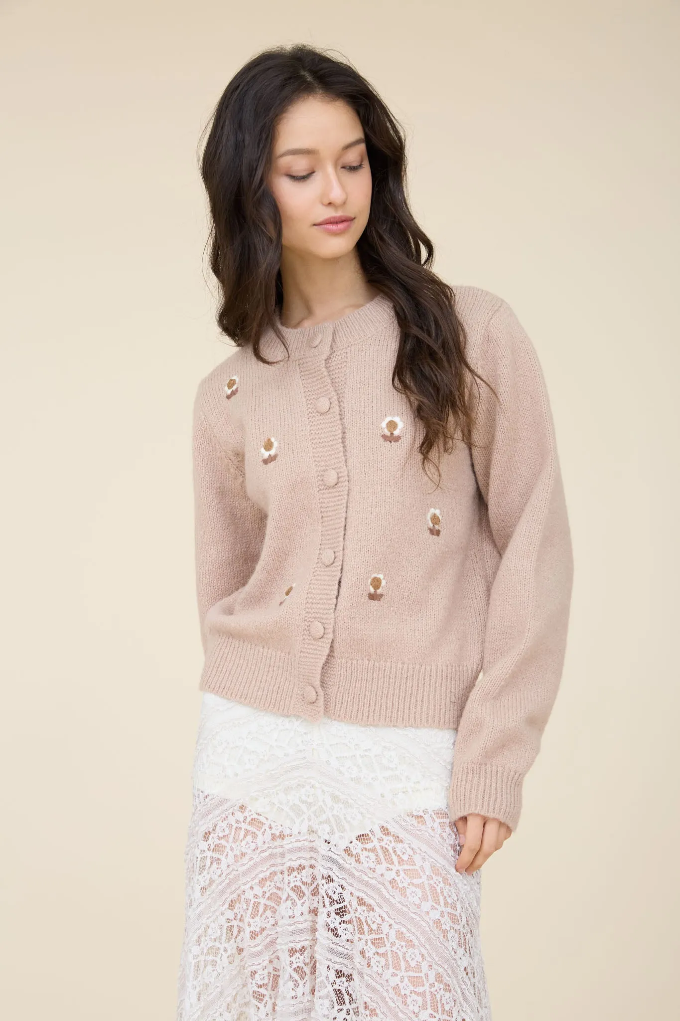 EMBROIDERED FLORAL BUTTON COVER DETAIL CARDIGAN sold by Blu Pepper product image thumbnail 3