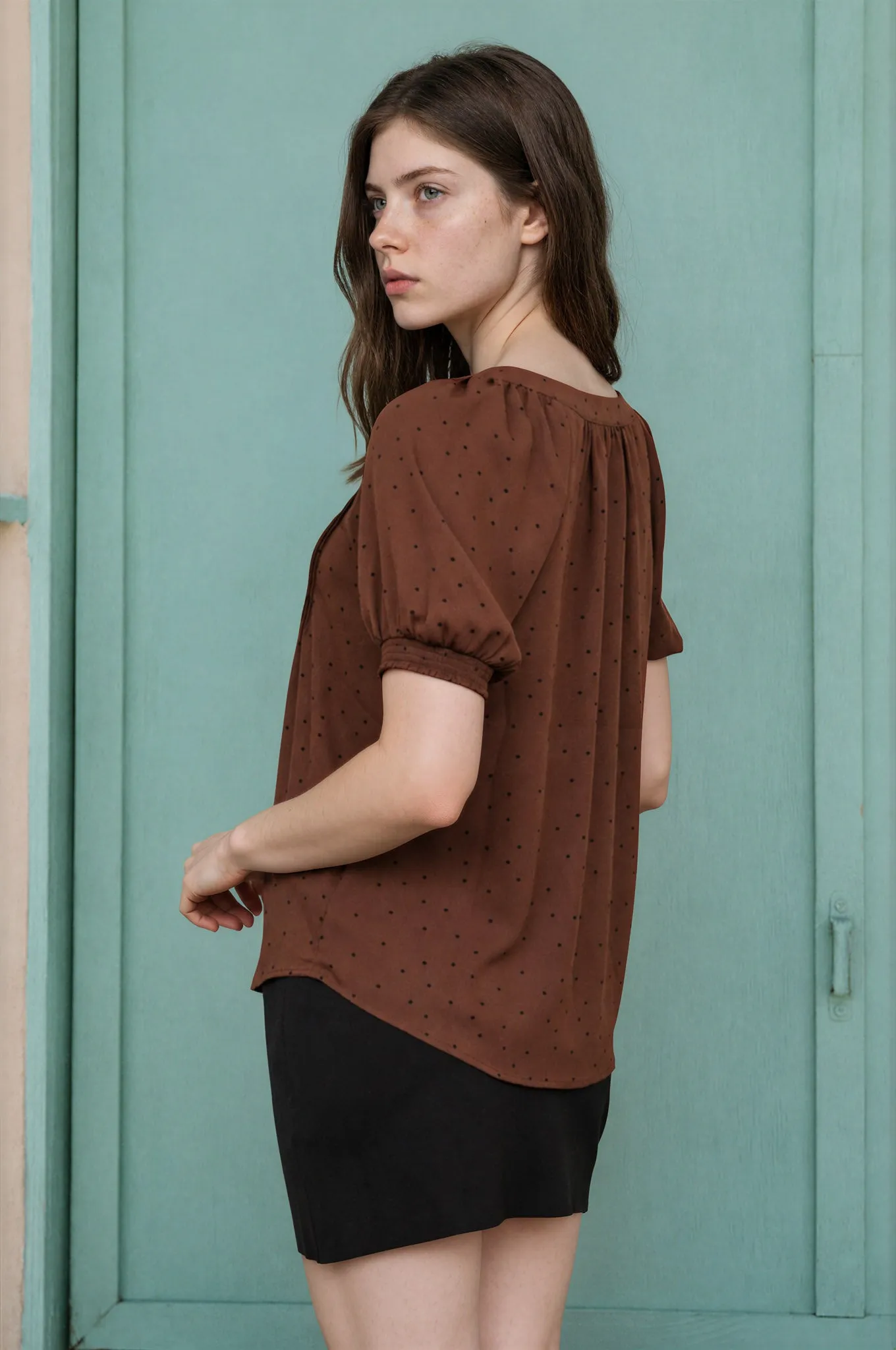 PINTUCK POLKA DOT BUTTON DOWN PUFF SLEEVE TOP sold by Blu Pepper product image thumbnail 2