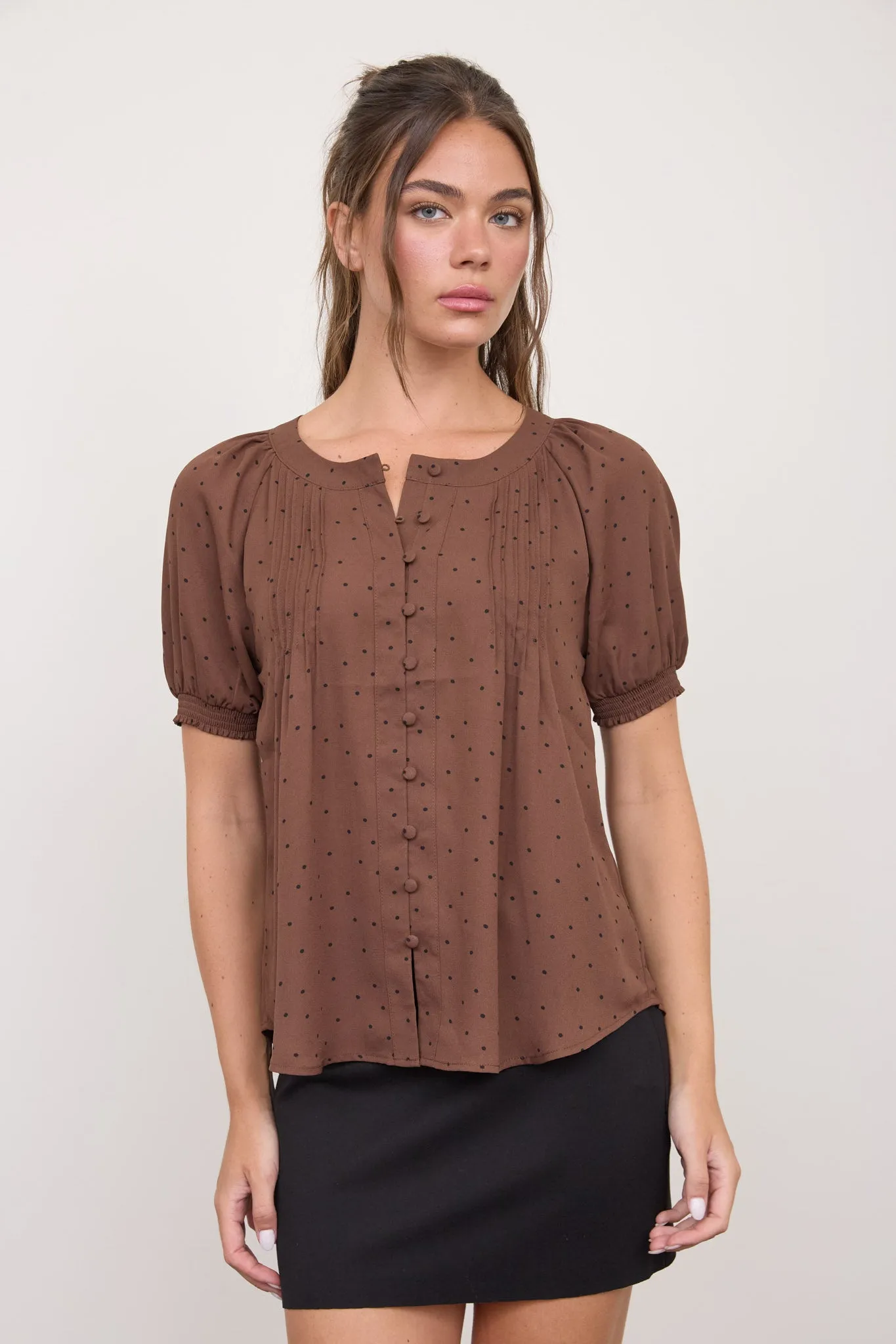 PINTUCK POLKA DOT BUTTON DOWN PUFF SLEEVE TOP sold by Blu Pepper product image thumbnail 4