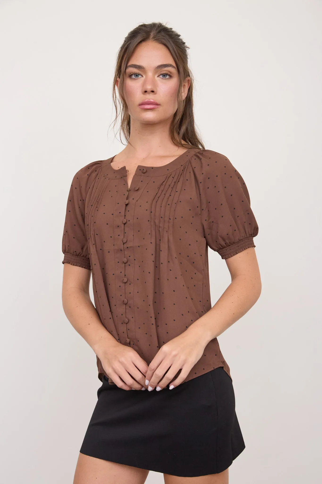 PINTUCK POLKA DOT BUTTON DOWN PUFF SLEEVE TOP sold by Blu Pepper product image thumbnail 3
