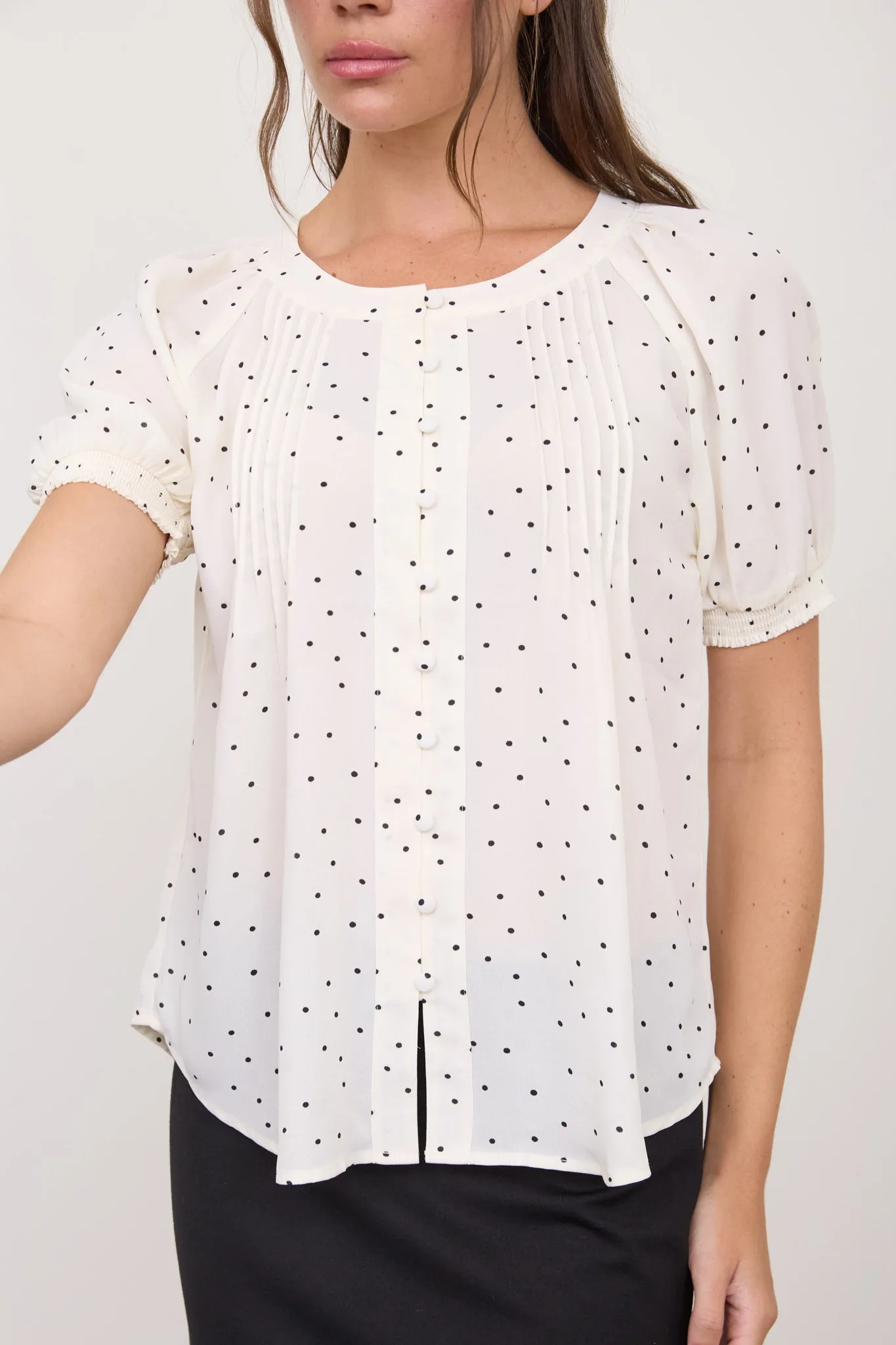 PINTUCK POLKA DOT BUTTON DOWN PUFF SLEEVE TOP sold by Blu Pepper product image thumbnail 5