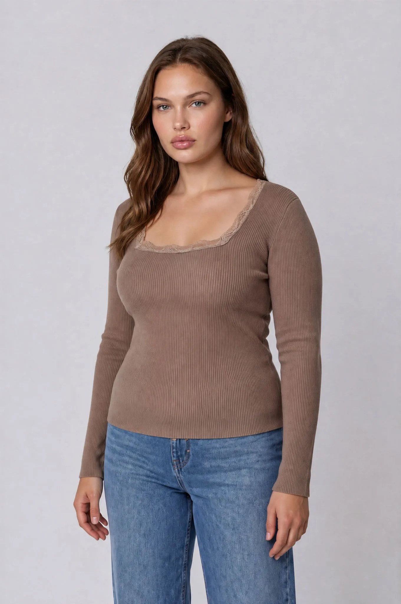 PLUS SQUARE NECK LACE TRIM RIBBED SWEATER KNIT TOP sold by Blu Pepper product image thumbnail 3