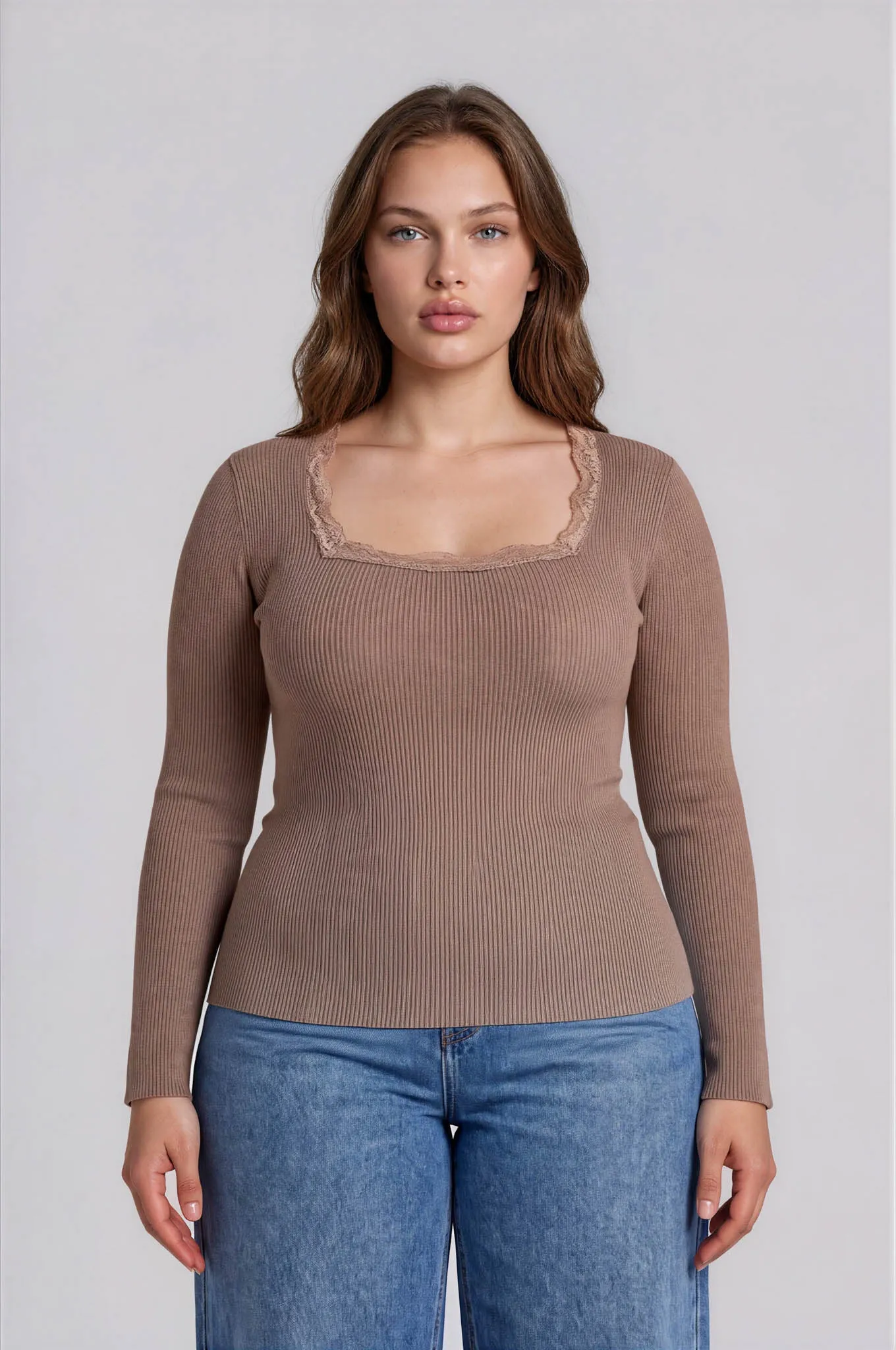 PLUS SQUARE NECK LACE TRIM RIBBED SWEATER KNIT TOP sold by Blu Pepper
