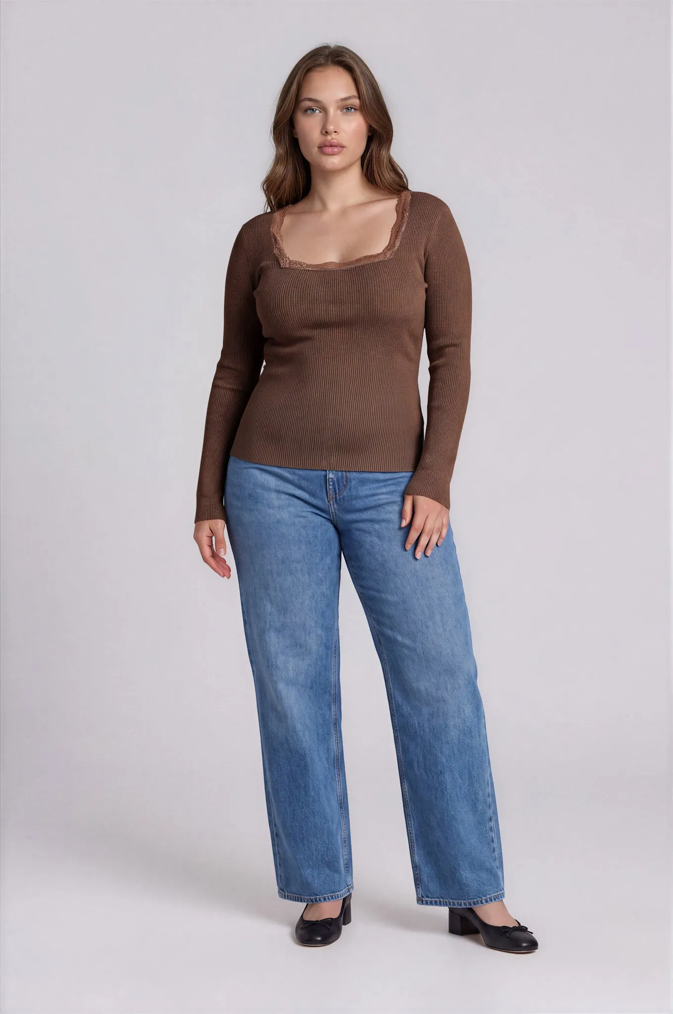 PLUS SQUARE NECK LACE TRIM RIBBED SWEATER KNIT TOP sold by Blu Pepper product image thumbnail 5
