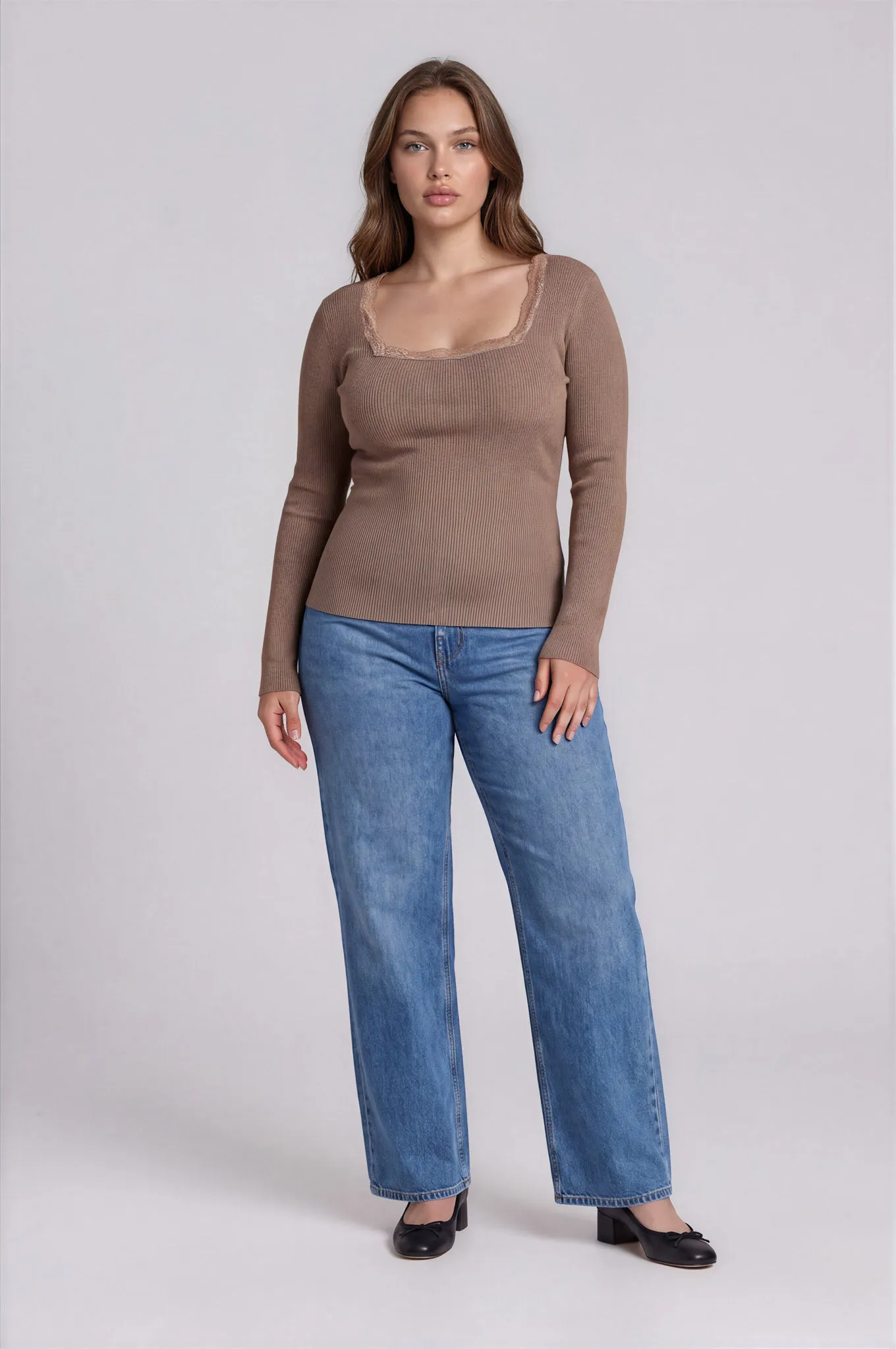 PLUS SQUARE NECK LACE TRIM RIBBED SWEATER KNIT TOP sold by Blu Pepper product image thumbnail 2