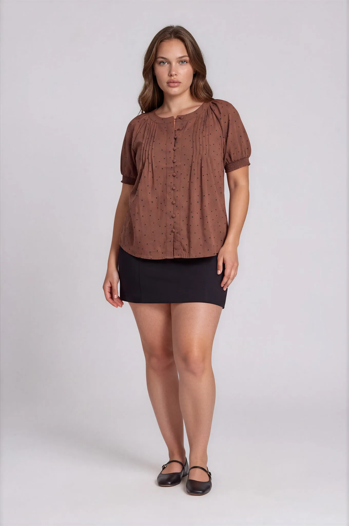 PLUS PINTUCK POLKA DOT BUTTON DOWN PUFF SLEEVE TOP sold by Blu Pepper product image thumbnail 4