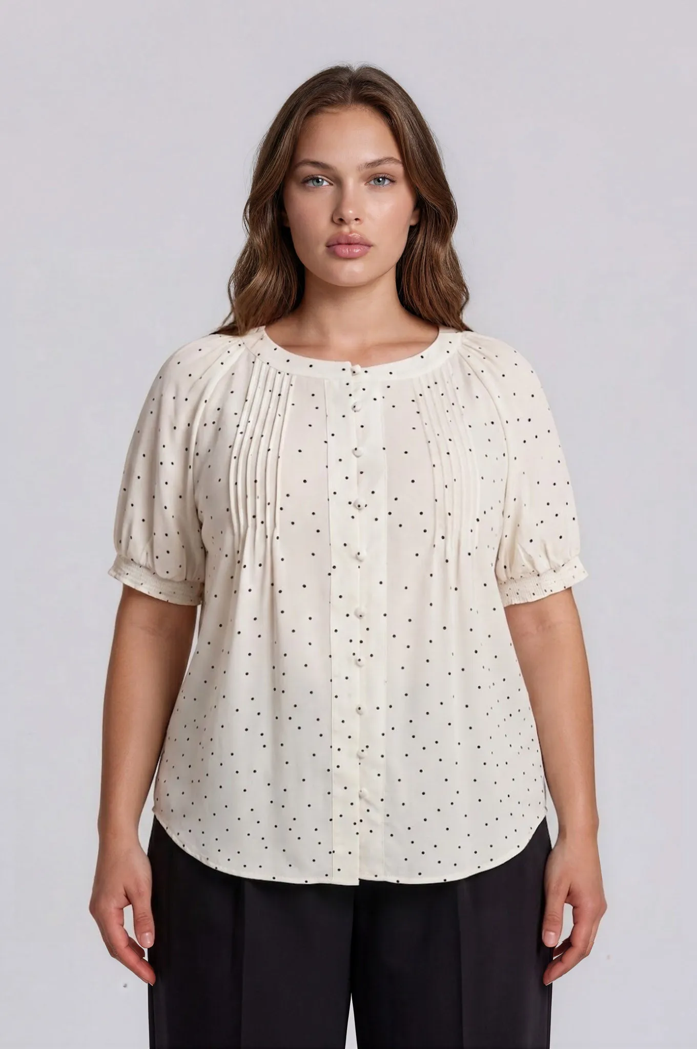 PLUS PINTUCK POLKA DOT BUTTON DOWN PUFF SLEEVE TOP sold by Blu Pepper product image thumbnail 5