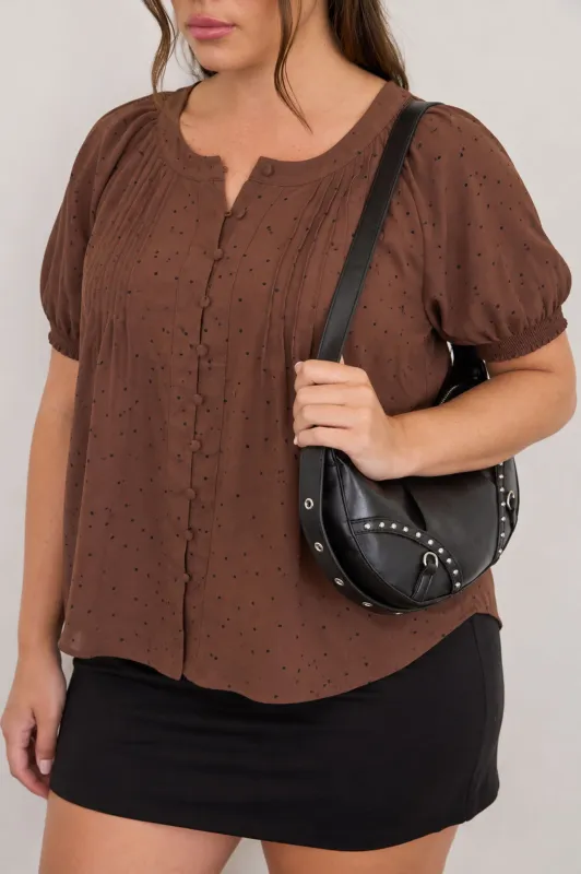 PLUS PINTUCK POLKA DOT BUTTON DOWN PUFF SLEEVE TOP made by mine