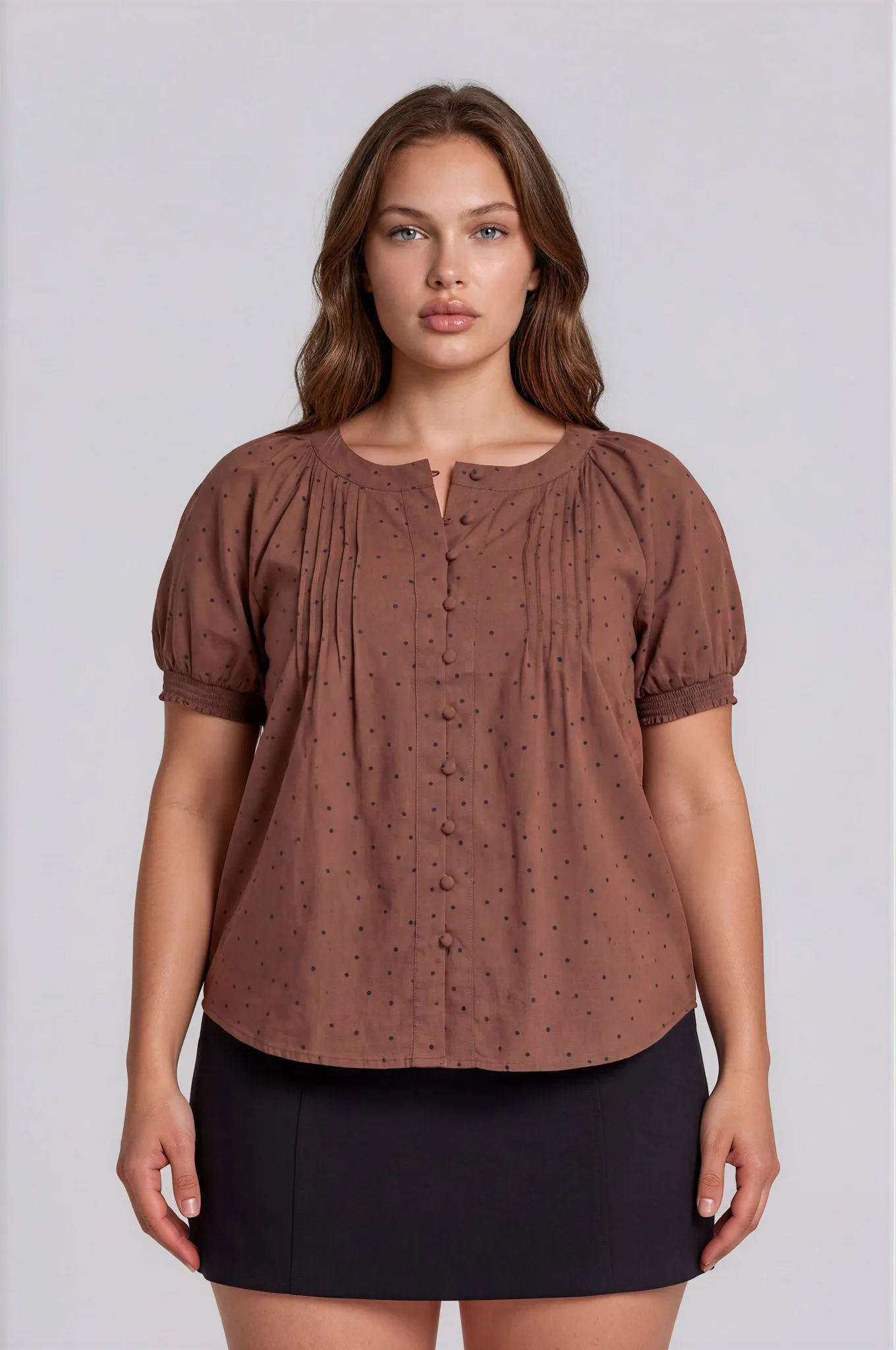 PLUS PINTUCK POLKA DOT BUTTON DOWN PUFF SLEEVE TOP sold by Blu Pepper product image thumbnail 3