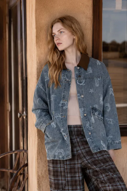 WESTERN PRINT DENIM CORDUROY COLLAR SHACKET (PRE-ORDER) made by J.O.A.