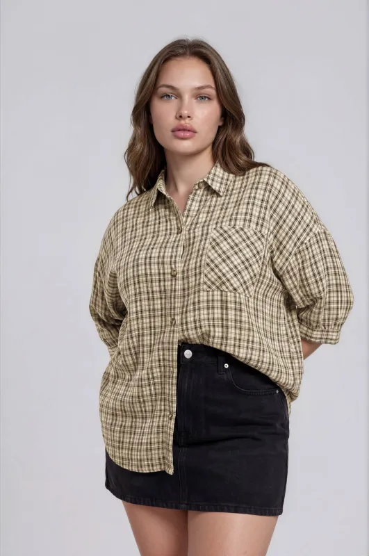 PLUS PLAID HALF SLEEVE COLLARED BUTTON DOWN SHIRT made by Blu Pepper