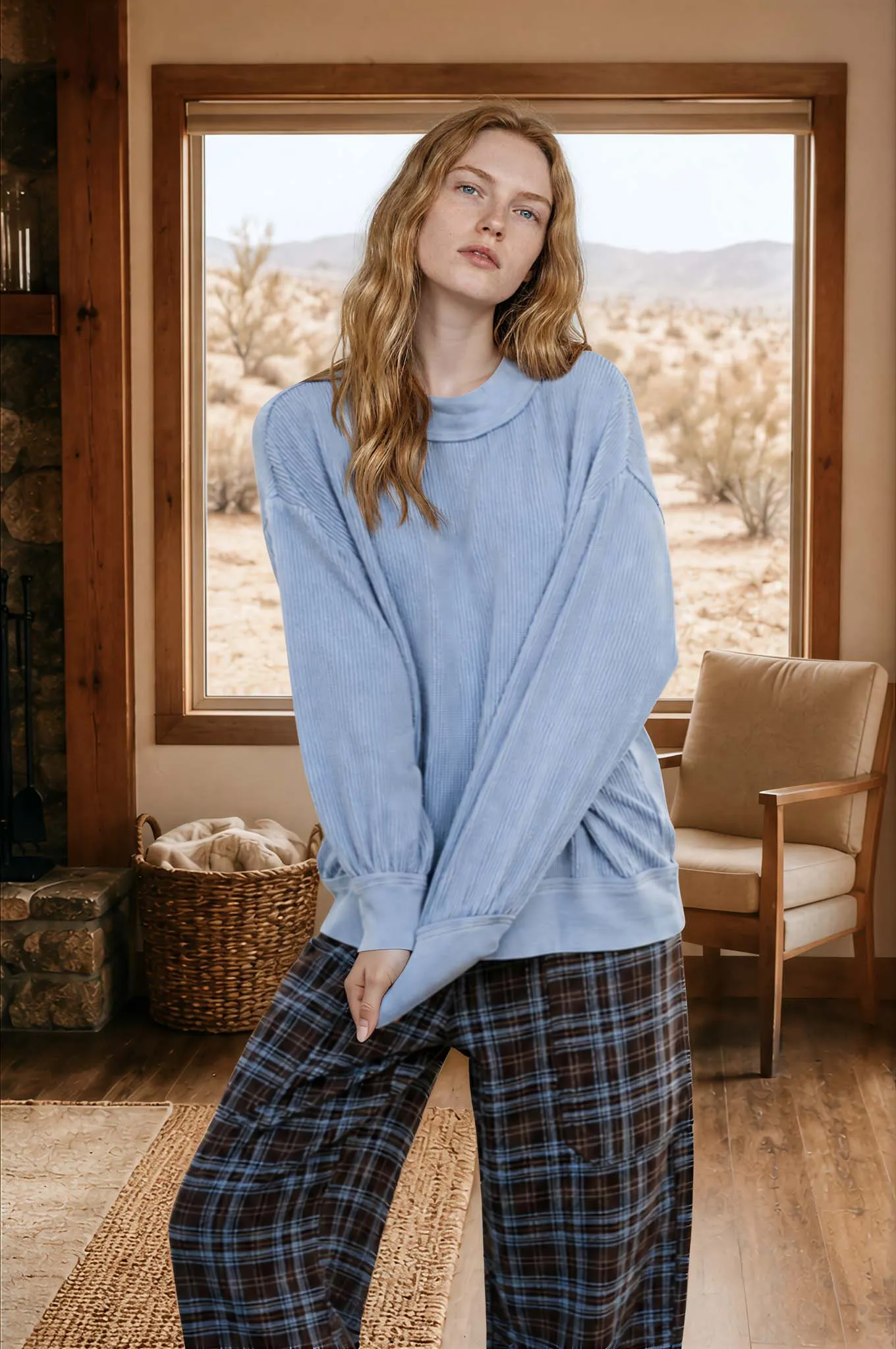 TEXTURED LONG SLEEVE RELAXED WASHED KNIT TOP sold by Blu Pepper product image thumbnail 5