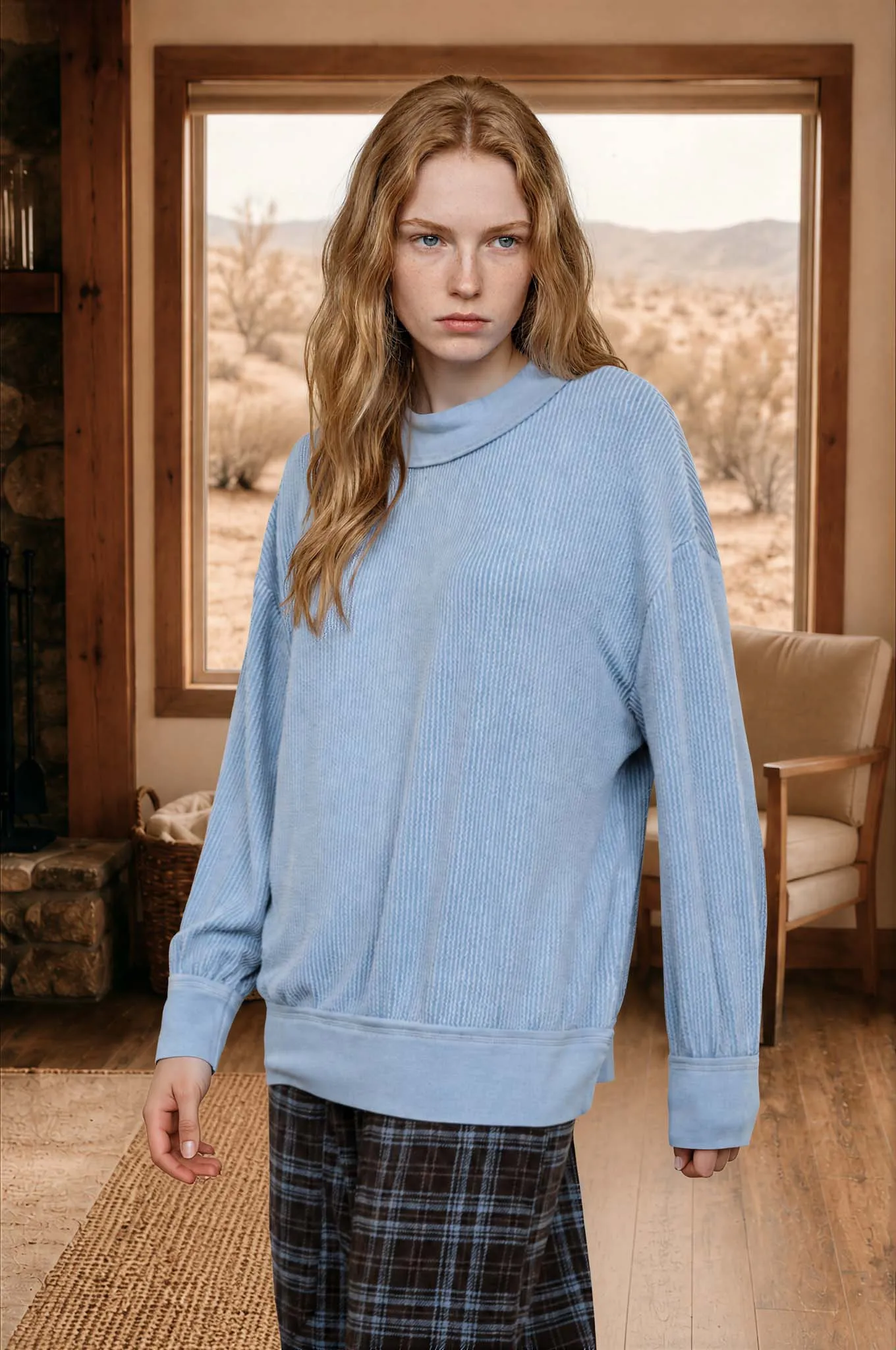 TEXTURED LONG SLEEVE RELAXED WASHED KNIT TOP sold by Blu Pepper product image thumbnail 3
