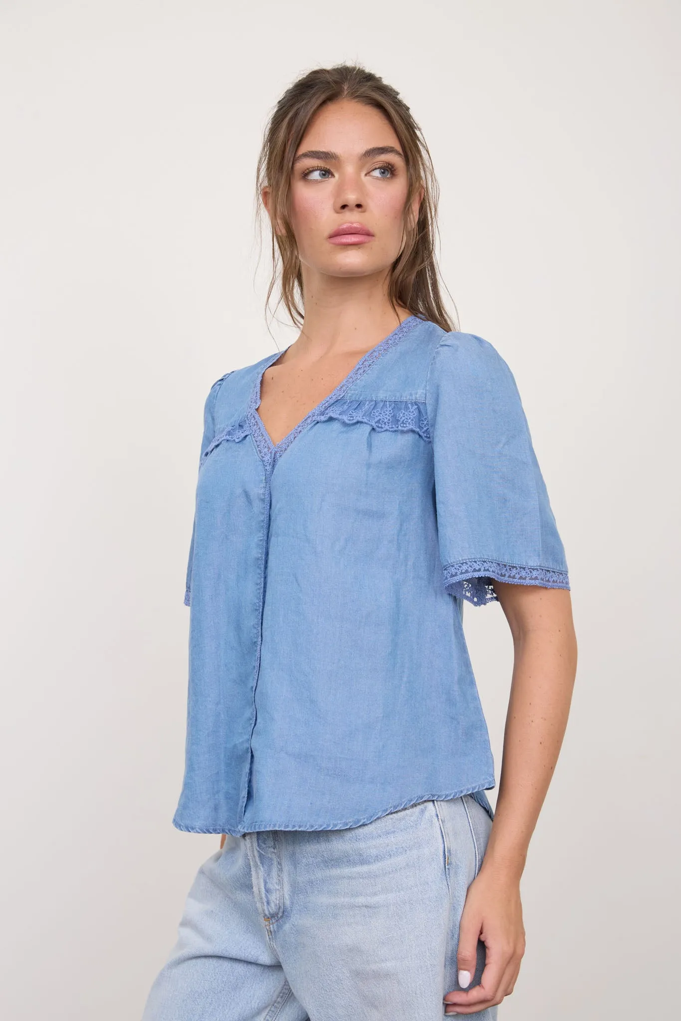 CHAMBRAY LACE YOKE V-NECK SHORT SLEEVE TOP sold by Blu Pepper product image thumbnail 3