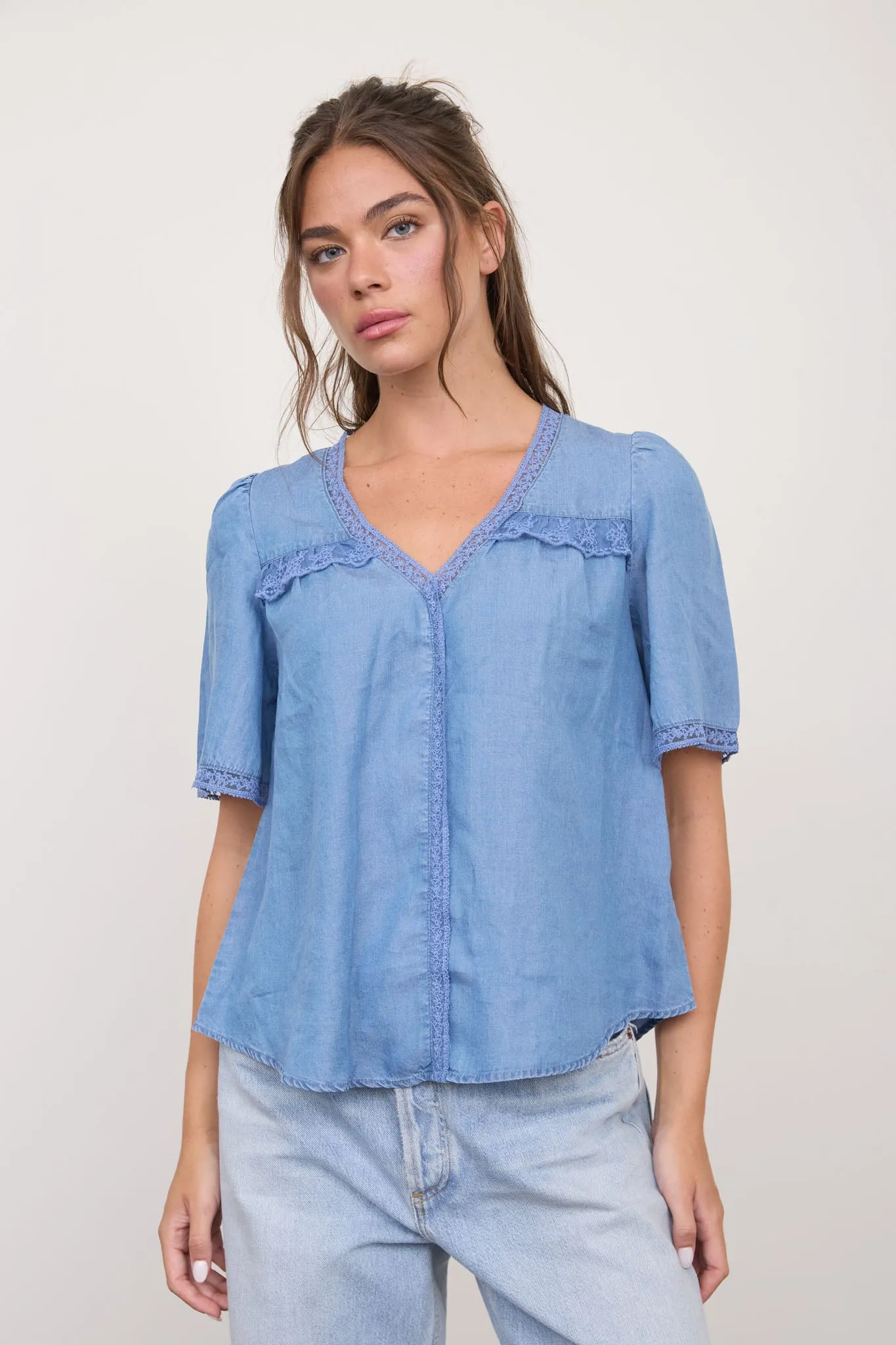 CHAMBRAY LACE YOKE V-NECK SHORT SLEEVE TOP sold by Blu Pepper product image thumbnail 4