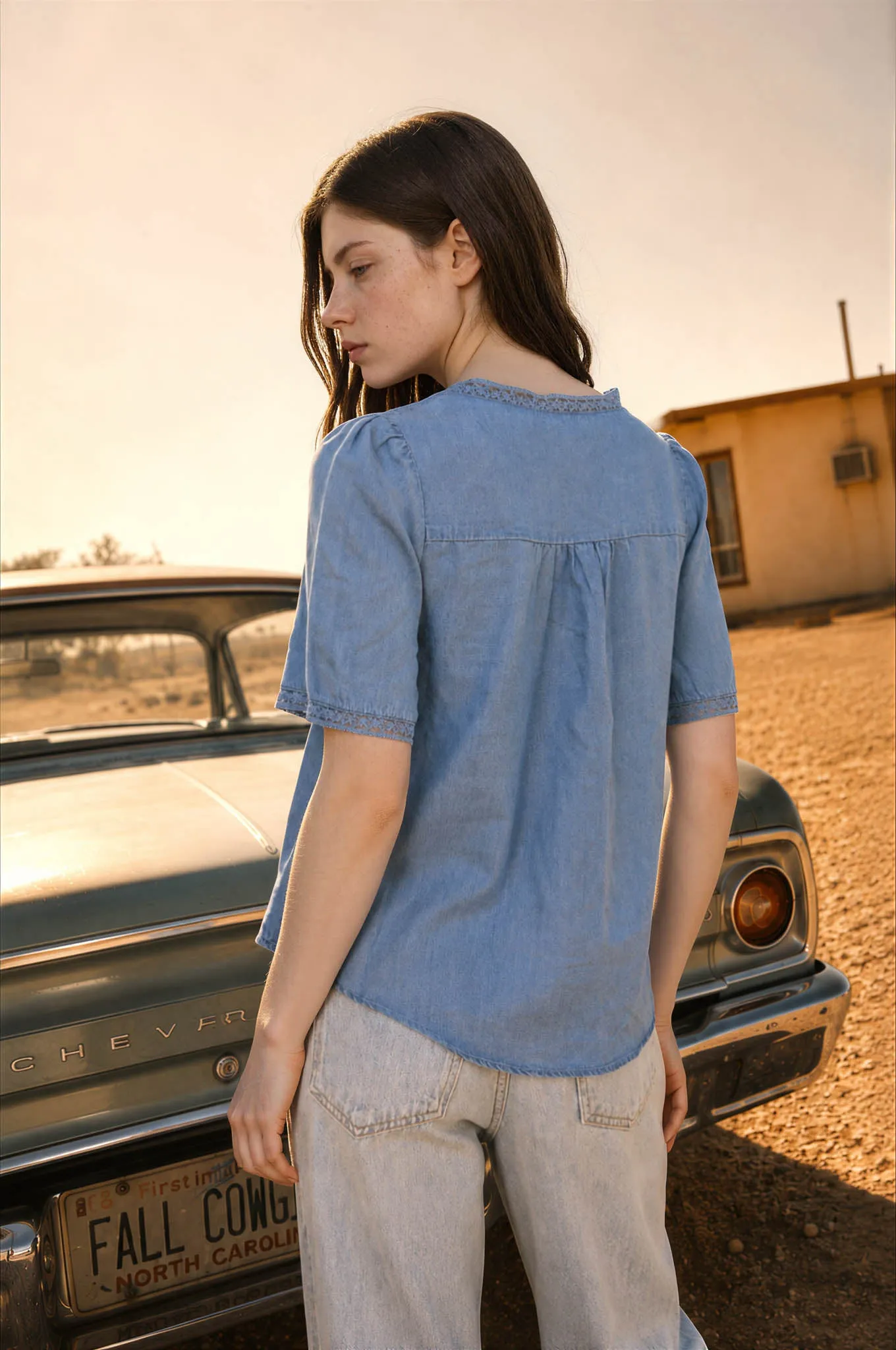 CHAMBRAY LACE YOKE V-NECK SHORT SLEEVE TOP sold by Blu Pepper product image thumbnail 2