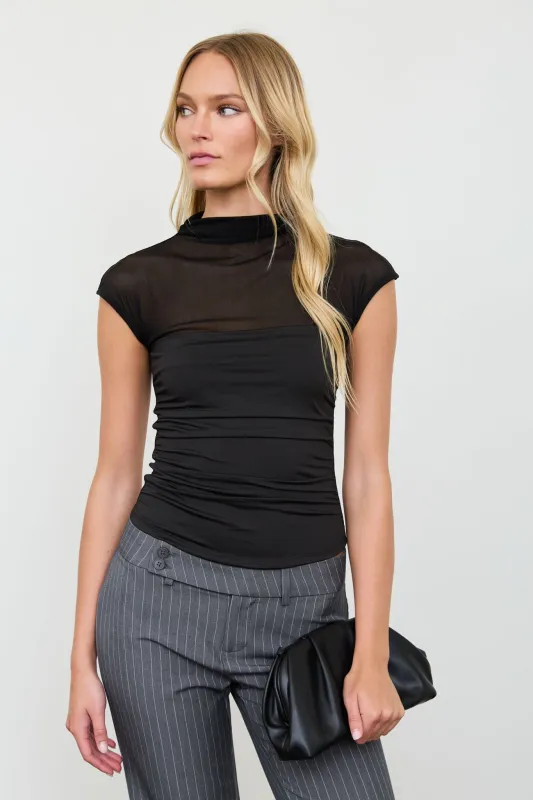SHEER YOKE MOCK NECK RUCHED SHORT SLEEVE KNIT TOP made by Blu Pepper