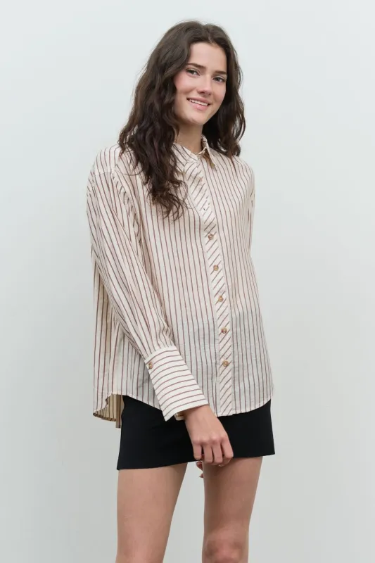 STRIPE COLLARED BACK BUTTON DETAIL LONG SLEEVE TOP made by mine