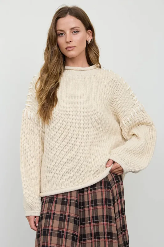 CONTRAST STITCH DETAIL MOCK NECK CHUNKY SWEATER made by Blu Pepper