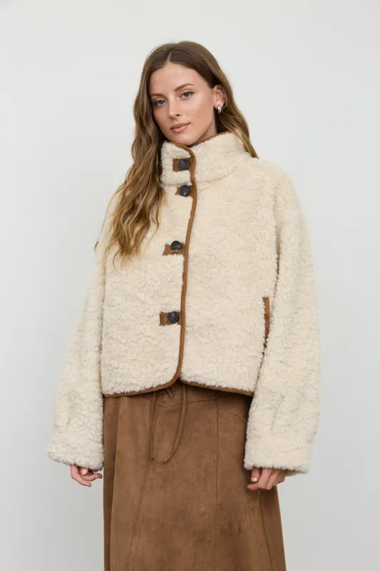 MOCK NECK SHERPA SUEDE TRIM BUTTON DOWN JACKET (PRE-ORDER) made by Blu Pepper