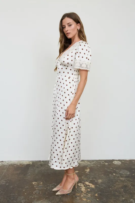 POLKA DOT LACE TRIM V NECK BUTTON DOWN MIDI DRESS made by Blu Pepper