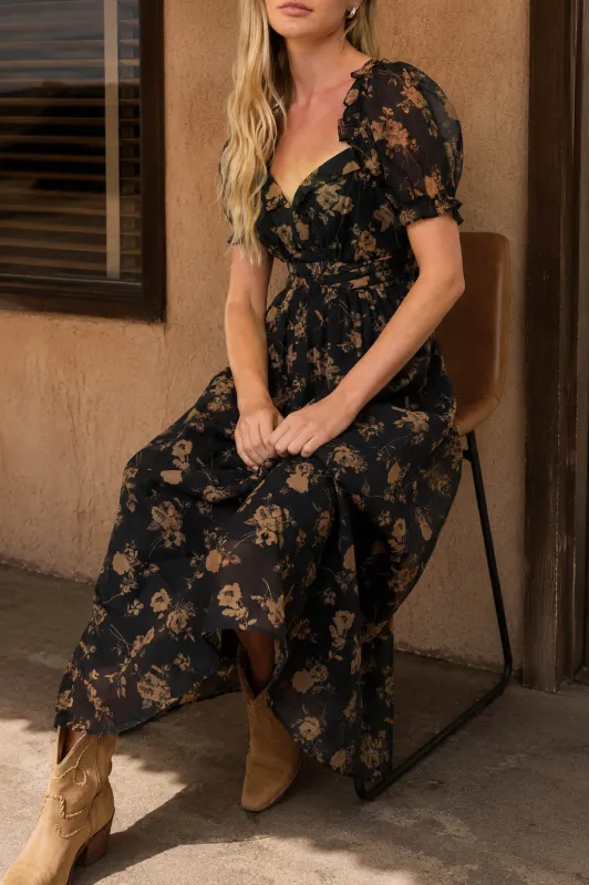 SWEETHEART FLORAL PUFF SLEEVE RUFFLED MIDI DRESS made by mine
