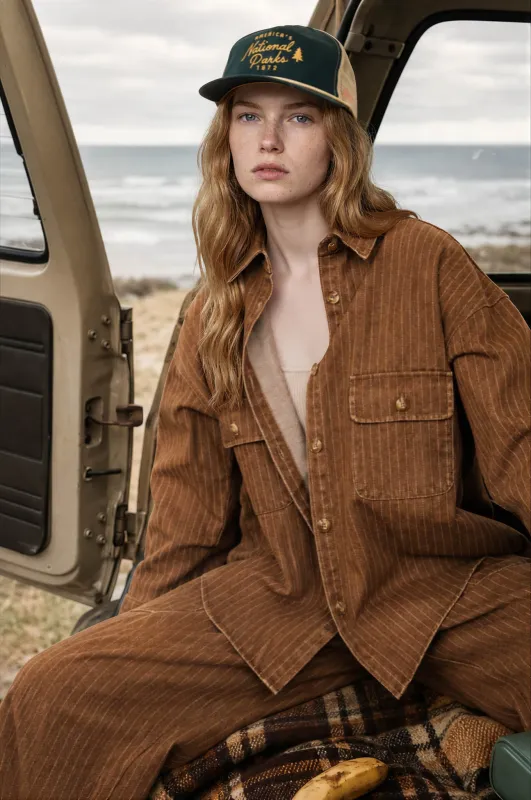 PINSTRIPE COLLARED LONG SLEEVE DENIM SHACKET (PRE-ORDER) made by J.O.A.