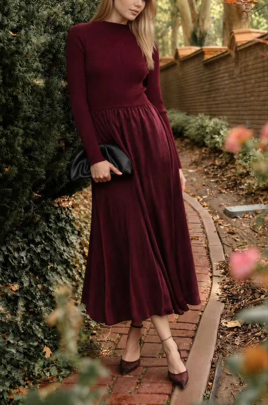 RIBBED MOCK NECK SATIN TWOFER MIDI DRESS made by mine