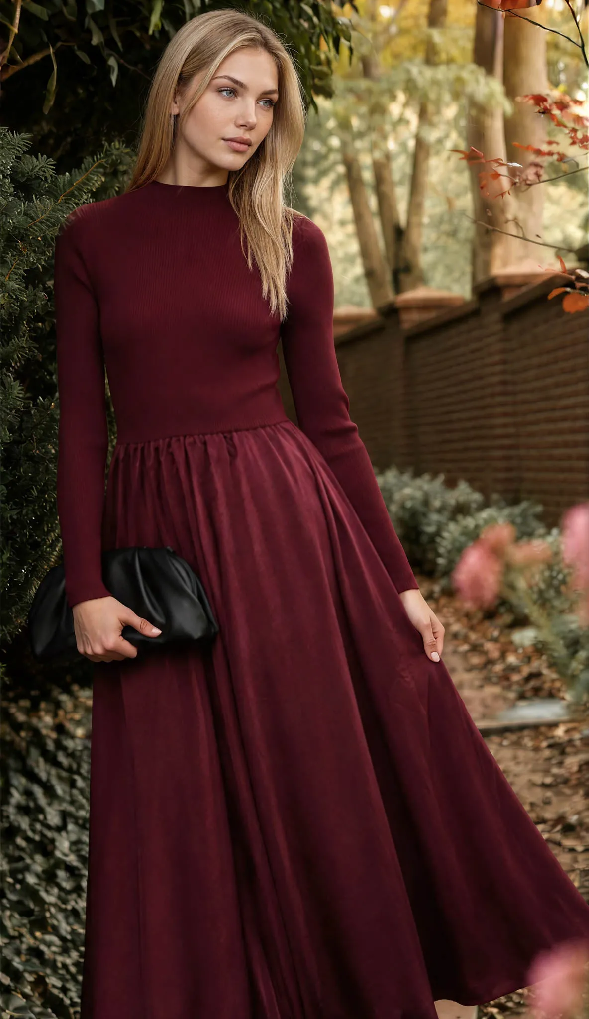RIBBED MOCK NECK SATIN TWOFER MIDI DRESS sold by Blu Pepper product image thumbnail 3