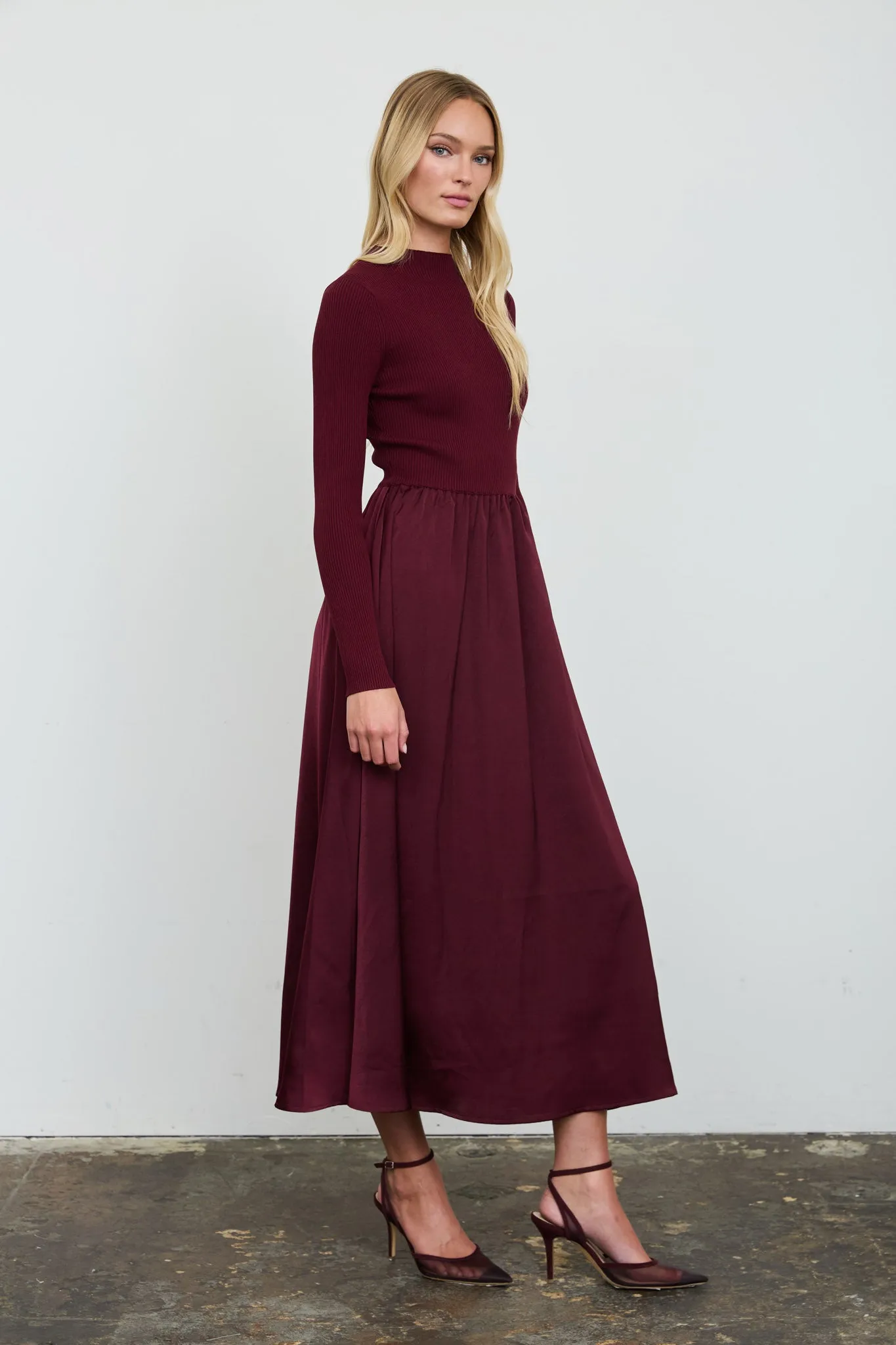 RIBBED MOCK NECK SATIN TWOFER MIDI DRESS sold by Blu Pepper product image thumbnail 5
