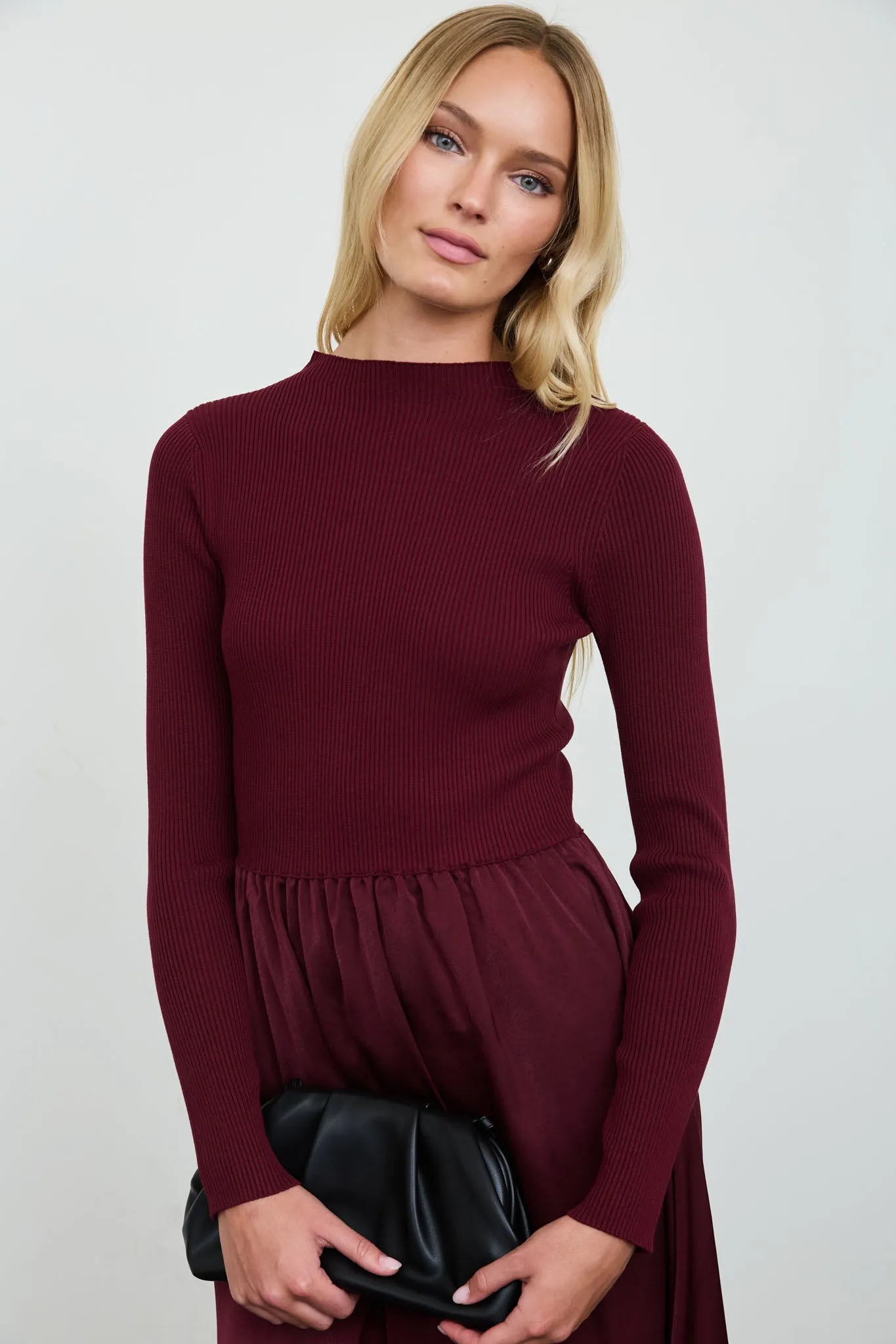 RIBBED MOCK NECK SATIN TWOFER MIDI DRESS sold by Blu Pepper product image thumbnail 4