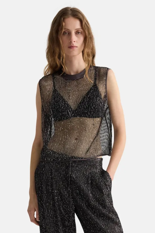 Short Muscle Tank in Mini Sequin Netting Dark Chocolate/Silver sold by Blue & Cream